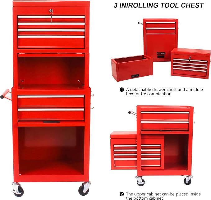 6-Drawer Tool Chest, Detachable Top Box for Garage, RED | Rolling Mobile Storage Cabinet Organizer with Lockable Wheels for Workshop Utility, Heavy Duty Metal Construction