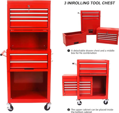 6-Drawer Tool Chest, Detachable Top Box for Garage, RED | Rolling Mobile Storage Cabinet Organizer with Lockable Wheels for Workshop Utility, Heavy Duty Metal Construction