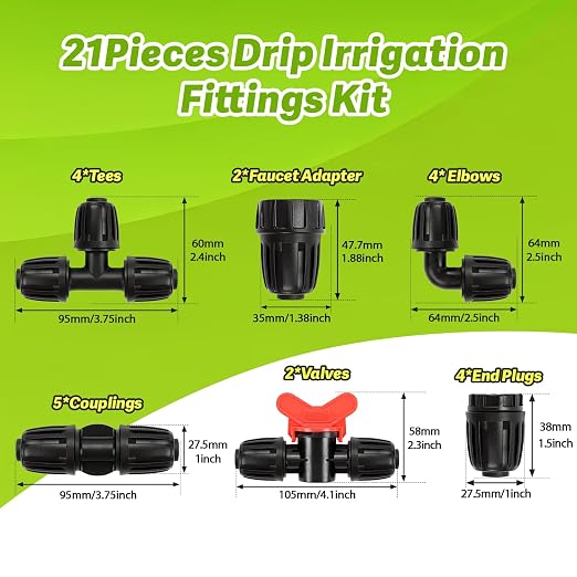 21 Pieces 1/2 Inch Drip Irrigation Fittings Kit, 1/2'' Drip Line Barbed Fittings for 1/2 Inch Irrigation Tubing (1/2" ID x 0.650" OD) Anti-Leak Lock Nut Connectors for Garden Drip System