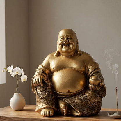 Bellaa Laughing Buddha Statue - 6 Inch Feng Shui Happy Monk Budai Hotei Figurine for Wealth, Luck & Happiness - Chinese Buddhist Zen Decor Copper Gold Finish Resin 21770