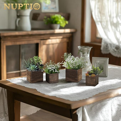 NUPTIO Wooden Box for Centerpiece Wedding: 12 Pcs Rustic Square Planter Box for Christmas Table Fall Decorations - 4×4" & 5×5" Small Wood Vases Flower Pots for Windowsill Home Garden Decor