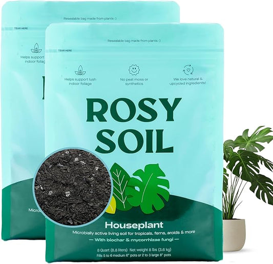 Rosy Soil Houseplant Potting Soil, 8 Quarts, Pack of 2 | Organic Indoor Potting Mix with Biochar and Worm Castings, For Monstera, Pothos, Tropical Indoor Plants, Peat Free