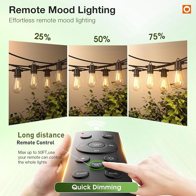 addlon 50FT LED Outdoor String Lights, Remote Dimmable Patio Lights with Timer & 3 Lighting Modes, 16 Shatterproof Edison Bulbs, Waterproof Connectable String Lights for Outside Backyard Party Décor