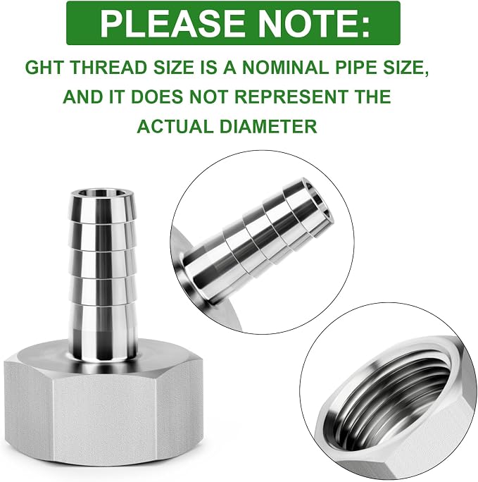 TAISHER 1PCS 304 Stainless Steel Garden Hose Repair Connector, 1/2" Barb x 3/4" GHT Female Garden Hose Adapter with Hose Clamps