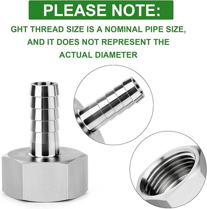 TAISHER 2PCS 304 Stainless Steel Garden Hose Repair Connector, 1/4" Barb x 3/4" GHT Female Garden Hose Adapter with Hose Clamps
