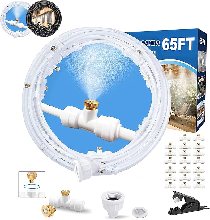 Mister System for Outside Patio, White Misting Kit for Backyard, 65Ft (20M). Outdoor Cooling Mist for Outside Garden, Deck, Umbrella, Canopy, Pool, Porch,Greenhouse, Trampoline Sprinkler, Kids, Park