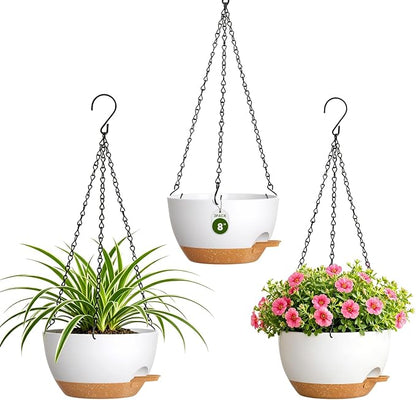 8 Inch Self Watering Hanging Planters Set of 3 with Saucers | Set of 3 8-inch self-watering hanging planters with side-fill watering ports, chain hangers & snap-on saucers