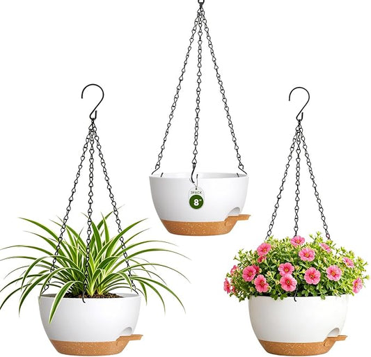 8 Inch Self Watering Hanging Planters Set of 3 with Saucers | Set of 3 8-inch self-watering hanging planters with side-fill watering ports, chain hangers & snap-on saucers