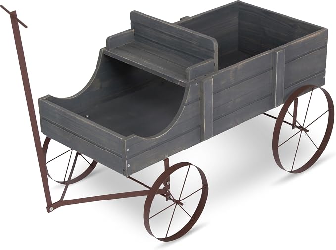 Shine Company Decorative Wagon Garden Planter, Wooden Wagon Yard Décor for Outdoor Plants, Large, Gray