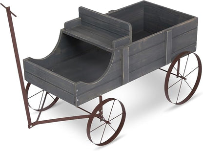 Shine Company Decorative Wagon Garden Planter, Wooden Wagon Yard Décor for Outdoor Plants, Large, Gray