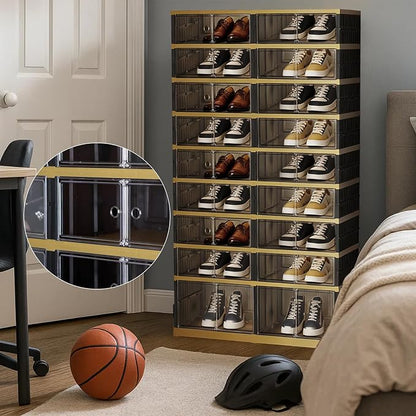 SYNCVIBE Shoe Rack Organizer for Closet Entryway Foldable Sneaker Storage Shoe, Collapsible Shoe Cabinet, Stackable Shoe Storage Cabinet with Lids for Living Room (9 Tiers -36 Pairs Black Gold)