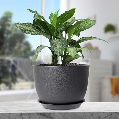 Meowell 12 inch Large Plant Pots, Plastic Planters with Drainage Holes and Saucers, Flower Pots for Indoor Outdoor Plants, Modern Decorative Pots for Garden House Plants, Black