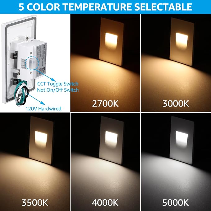 LEONLITE 6-Pack 5CCT 120V LED Step Lights, Vertical, White | 150LM, 5%-100% Dimmable, CRI90, ETL, Indoor Outdoor Stair Lights, Wet Location, 2700K/3000K/3500K/4000K/5000K, Aluminum
