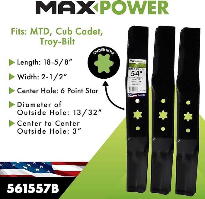 Maxpower 561557B USA MADE 3 Blade Set | For 54" Cut MTD, Cub Cadet, Troy-Bilt and Craftsman, Replaces 742-05056, 942-05056, 742-05056A, 942-05056A, CMXGZAM110143