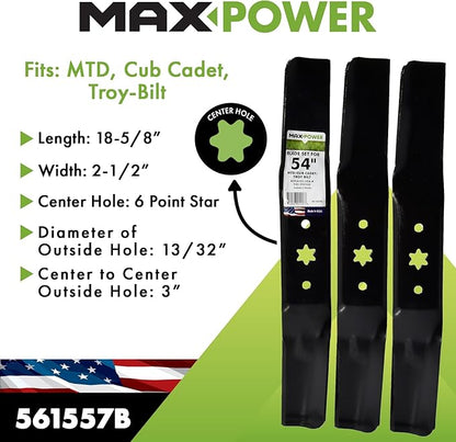 Maxpower 561557B USA MADE 3 Blade Set | For 54" Cut MTD, Cub Cadet, Troy-Bilt and Craftsman, Replaces 742-05056, 942-05056, 742-05056A, 942-05056A, CMXGZAM110143