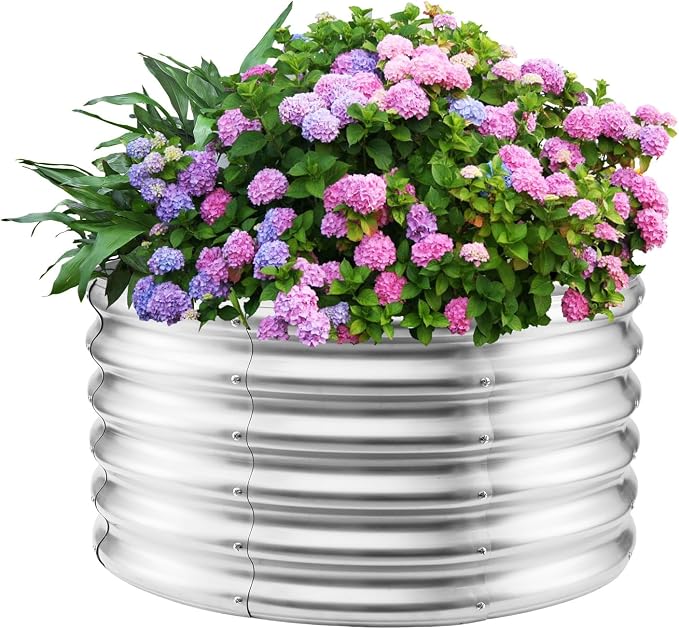 YSEJOMP 17" Tall 32" Diameter Round Raised Garden Bed Kits Outdoor Silver | 1.5 FT Tall,2.7FT Planter Bed for Flowers,Herbs,Vegetables,Trees,0.8MM Thick Galvanized Metal,with Gloves,Tool free