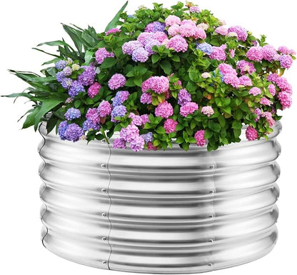 YSEJOMP 17" Tall 32" Diameter Round Raised Garden Bed Kits Outdoor Silver | 1.5 FT Tall,2.7FT Planter Bed for Flowers,Herbs,Vegetables,Trees,0.8MM Thick Galvanized Metal,with Gloves,Tool free