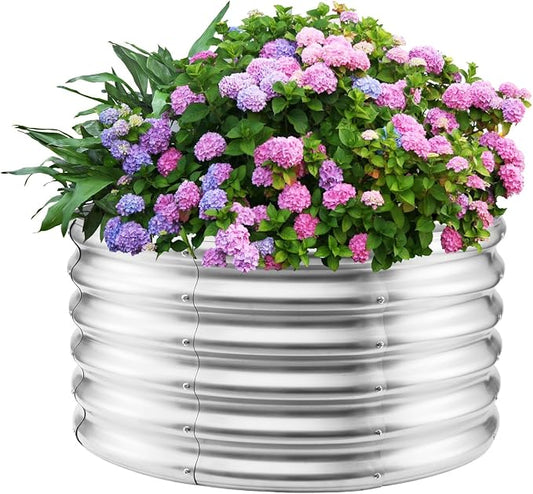 YSEJOMP 17" Tall 32" Diameter Round Raised Garden Bed Kits Outdoor Silver | 1.5 FT Tall,2.7FT Planter Bed for Flowers,Herbs,Vegetables,Trees,0.8MM Thick Galvanized Metal,with Gloves,Tool free