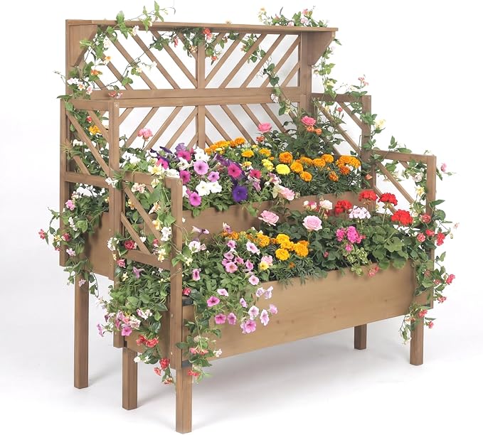 Raised Garden Bed with Trellis & 2 Planter Boxes, Elevated Planter Box with Drainage Slits Liner & Top Shelf, for Climbing Plants, Flowers, Vegetables, Herbs, Backyard Balcony Patio