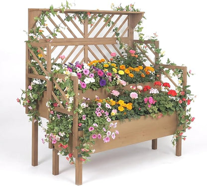 Raised Garden Bed with Trellis & 2 Planter Boxes, Elevated Planter Box with Drainage Slits Liner & Top Shelf, for Climbing Plants, Flowers, Vegetables, Herbs, Backyard Balcony Patio