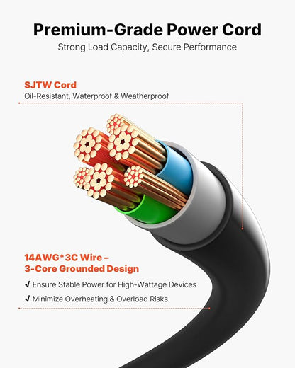 VEVOR Outdoor Power Stake Waterproof, 50 FT Extension Cord, Outdoor Power Strip, Weatherproof with Cover and Overload Protection, 6 Outlets, 15A/1875W for Halloween/Christmas Lights Decorations
