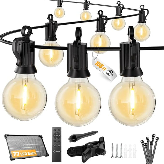 Brightown 158FT 77LED Solar String Lights Outdoor with Remote & USB Port, Shatterproof Bulbs, Dimmable & Timable, 3 Modes, Patio Lights with Mount Clips for Backyard Garden Decor - Last for 38+Hrs