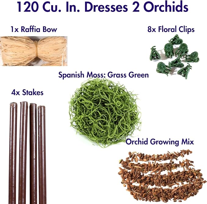 SuperMoss (90445 Orchid Potting Kit, Complete Orchid Care Set with Preserved Moss, Orchid Bark, Floral Clips and Stakes, 120 Cu. in., Spanish Moss, Green