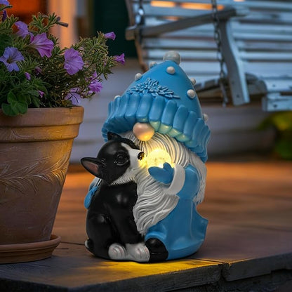 GIGALUMI Solar Garden Statue, Gnome with Dog Outdoor Decor, Gnomes Decoration Gifts with LED for Patio Yard Lawn Balcony, Christmas/Birthday Gift for Mom Women