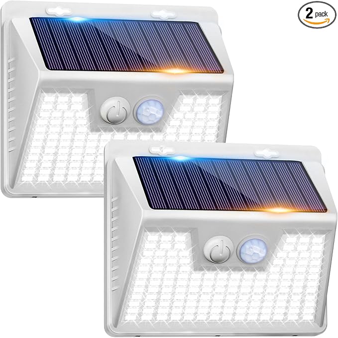Peasur Solar Powered Lights Outdoor Motion Sensor, 2 Pack 140 LED Fence Light Waterproof, White Frame Security Wall Lighting for Outside Deck Yard Patio House Step