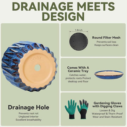 10 Inch Ceramic Planter Pot with Saucer Drainage Leak-Proof Mesh,Flower Pots for Indoor Plants with Gardening Gloves,Ceramic Planter(Peacock-Blue)