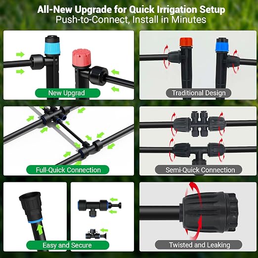 230FT Drip Irrigation Kit with 34 Emitters, 3 Spray Types, Push-Fit System | Extra long irrigation system with 3 adjustable water-saving misting nozzles for watering of large garden areas, leak-free