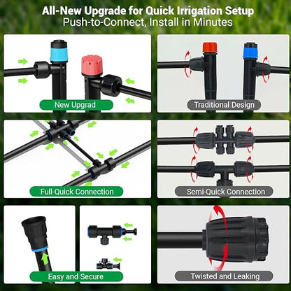 230FT Drip Irrigation Kit with 34 Emitters, 3 Spray Types, Push-Fit System | Extra long irrigation system with 3 adjustable water-saving misting nozzles for watering of large garden areas, leak-free