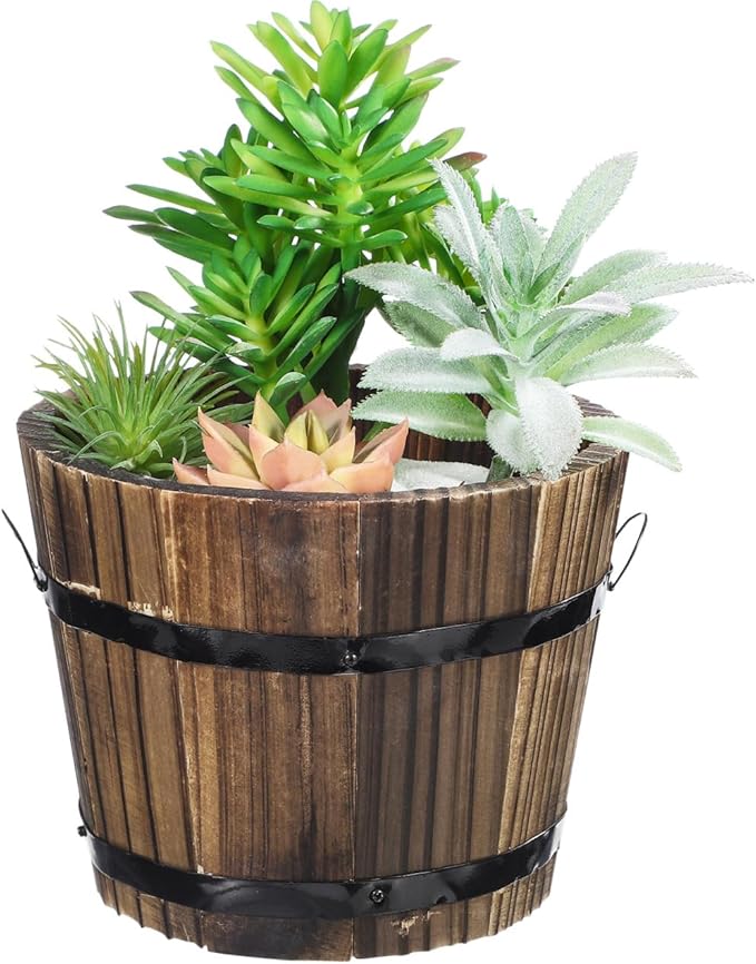 DOITOOL Rustic Wooden Barrel Planter: Wood Whiskey Barrel Bucket Flower Pots Indoor Outdoor Plants Boxes Container for Home Garden Patio Backyard - 7.08 x 5.9 x 5.1 inches (Medium)