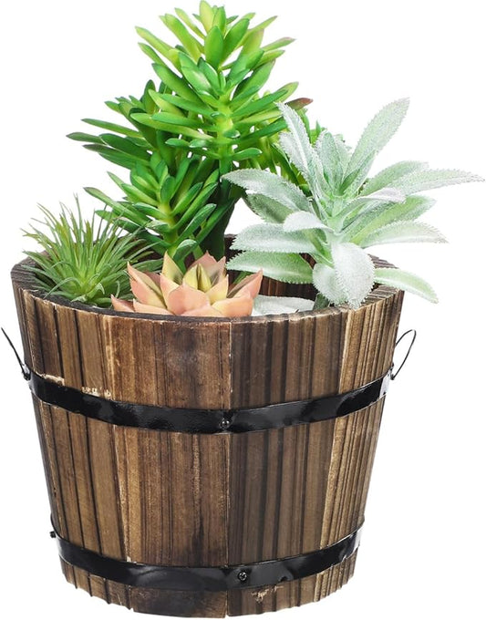 DOITOOL Rustic Wooden Barrel Planter: Wood Whiskey Barrel Bucket Flower Pots Indoor Outdoor Plants Boxes Container for Home Garden Patio Backyard - 7.08 x 5.9 x 5.1 inches (Medium)