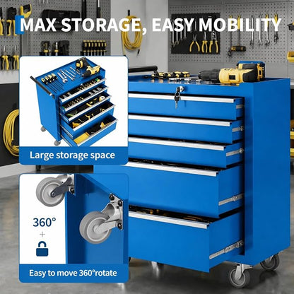 IDEALHOUSE Rolling Tool Chest, 5 Drawers Tool Storage Cabinet, Toolbox with Wheels, Portable Tool Cabinet Organizer with Locking System & Drawer Liners, Tool Storage Cart for Garage, Workshop, Blue