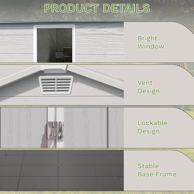 Greesum 6x4FT Plastic Outdoor Storage Shed with Floor, Resin Sheds with Lockable Double Door, Tool Sheds with Window & Vents, for Garden, Yard, Patio, Light Gray