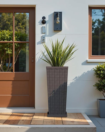 Greesum Set of 2 Tall Plastic Planters with Saucer, 24 Inch Large Pots with Drainage Trays, Weather-Resistant Plastic Plant Containers for Patio, Porch, Garden,Brown