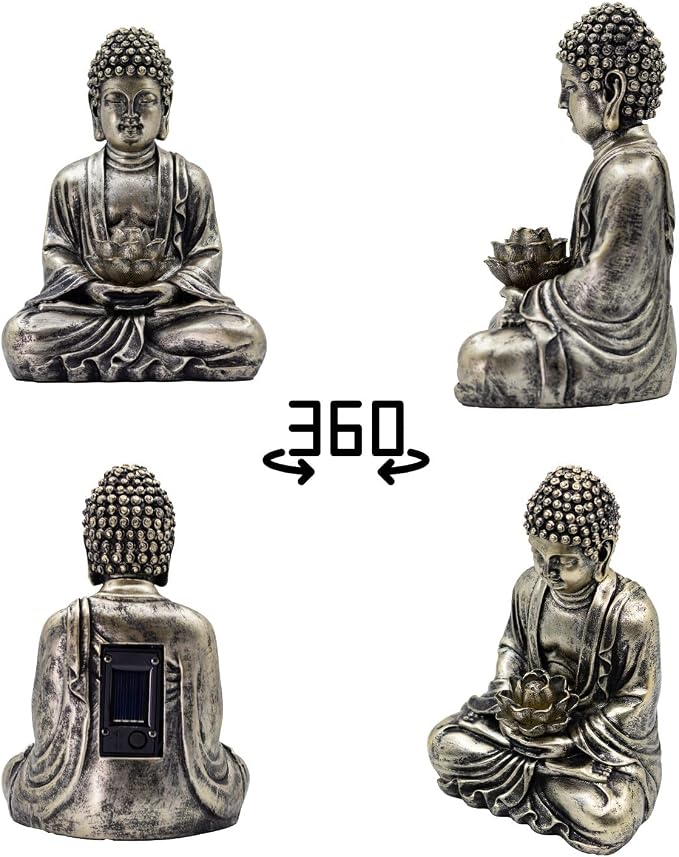 Buddha Lotus Statue with Solar Lights, Resin LED Figurine for Garden Decor – Unique Gift for Women and Friends(Copper Buddha)
