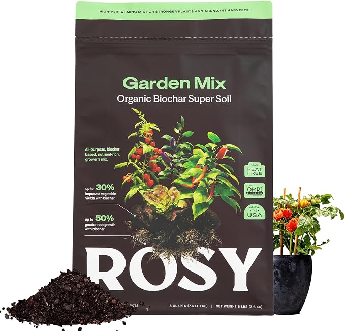 Rosy Garden Mix Biochar Potting Soil for Outdoor Plants, 8 Quart | Organic Garden Soil with Worm Castings for Vegetables, Herbs, and Flowers, Peat-free Outdoor Potting Mix, Made in USA