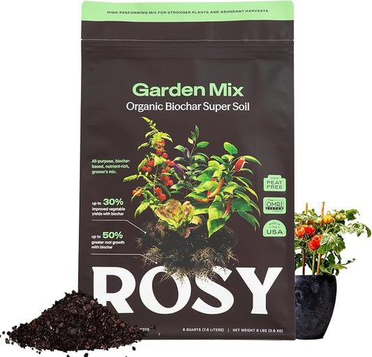 Rosy Garden Mix Biochar Potting Soil for Outdoor Plants, 8 Quart | Organic Garden Soil with Worm Castings for Vegetables, Herbs, and Flowers, Peat-free Outdoor Potting Mix, Made in USA