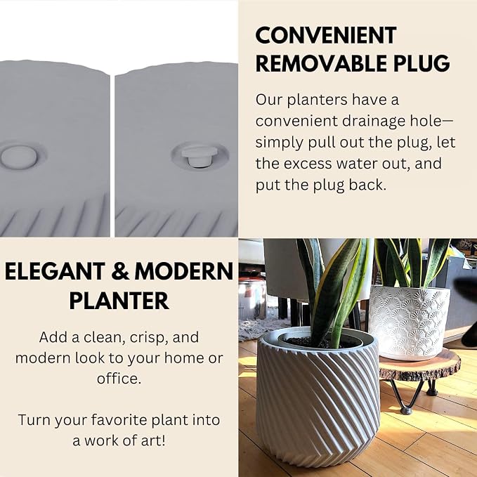 Fox & Fern Large Indoor Planter, Modern Large Plant Pot for Indoor or Outdoor, UV and Frost Resistant - 12 Inch, Matte Gray Flower Pot with Drainage Plug, 3D Printed Design