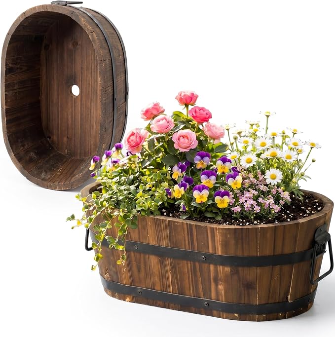 Canlierr 13.1 Inch Wooden Whiskey Barrel Planter Outdoor Large Rustic Flower Planter Pot with Handles and Drainage Holes Garden Balcony Plants for Garden Patio Yard Porch Brown