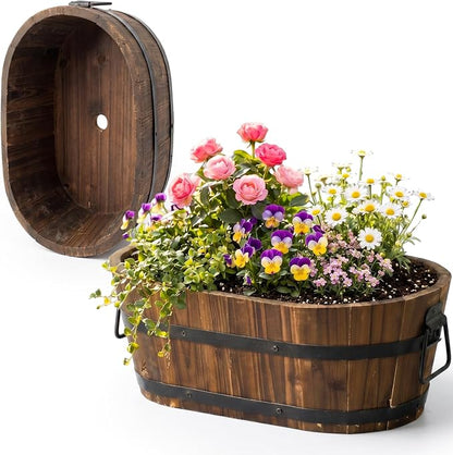 Canlierr 13.1 Inch Wooden Whiskey Barrel Planter Outdoor Large Rustic Flower Planter Pot with Handles and Drainage Holes Garden Balcony Plants for Garden Patio Yard Porch Brown