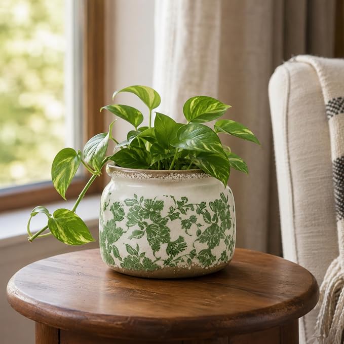 Dosayes Large Ceramic Pot for Planters, Ice Crack Glazed Flower Pot with Drainage Holes,5.91inch Vintage Planters for Indoor and Outdoor(Green)
