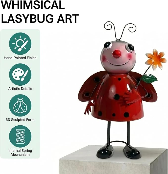 Wobbling Metal Ladybug Statue, 12.2" H Ladybug Decor, Cute Garden Décor, Garden Statues, Shakeable Desk Figurine, Indoor or Outdoor Figurine for Garden, Patio, Lawn, Porch or Entryway