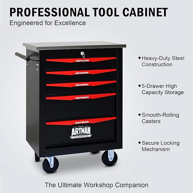 5-Drawer Rolling Tool Chest, Lockable Stainless Worktop for Garage,Black | Heavy Duty Metal Tool Cabinet with Drawers on Wheels for Warehouse and Workshop Storage