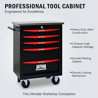 5-Drawer Rolling Tool Chest, Lockable Stainless Worktop for Garage,Black | Heavy Duty Metal Tool Cabinet with Drawers on Wheels for Warehouse and Workshop Storage