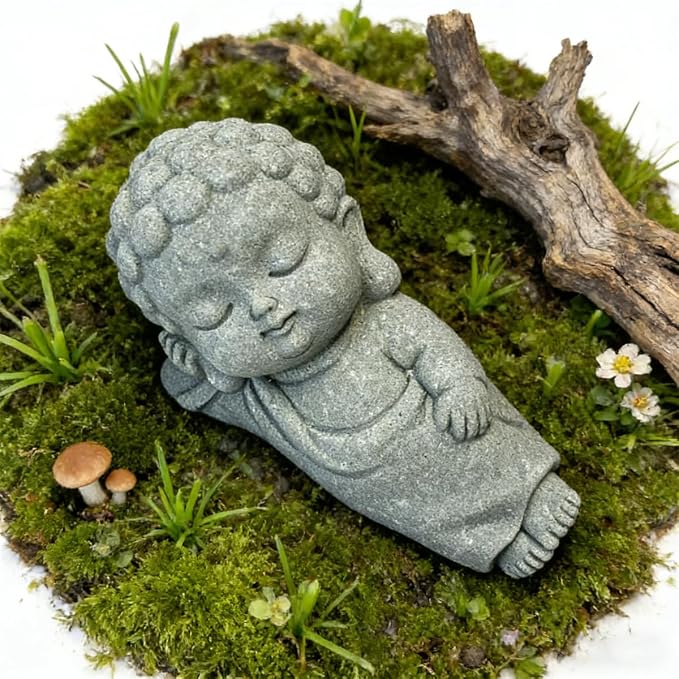 livelyfish Sleeping Buddha Statue Sandstone Buddha Figurine Zen Buddhism Sculpture for Aquarium Fish Tank Garden Home Decor (S)