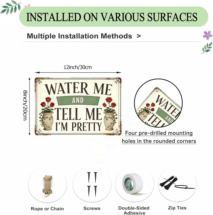 Funny Garden Metal Signs, Vintage Outdoor Wall Decor 8x12 Inch | Water Me & Tell Me I'm Pretty, Weatherproof Aluminum Sign for Patio Yard Greenhouse, Gift For Gardeners