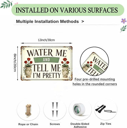 Funny Garden Metal Signs, Vintage Outdoor Wall Decor 8x12 Inch | Water Me & Tell Me I'm Pretty, Weatherproof Aluminum Sign for Patio Yard Greenhouse, Gift For Gardeners